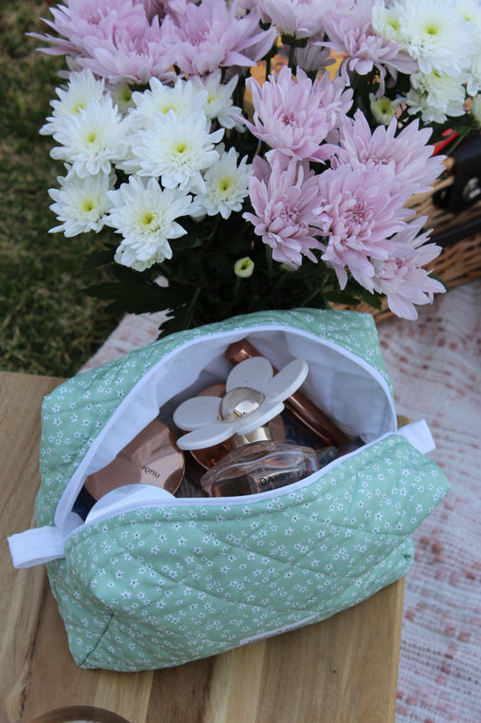 Makeup Bag Green White Flower