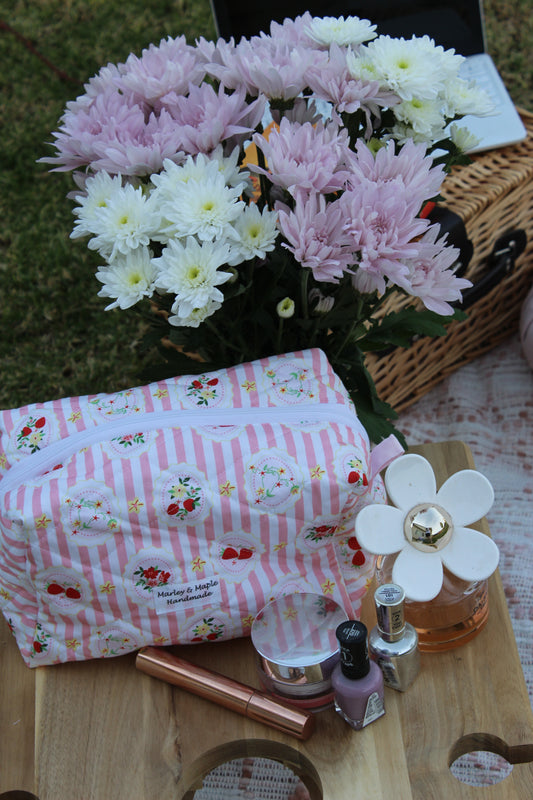 Makeup Bag Pink White Stripe with Strawberries and Flowers
