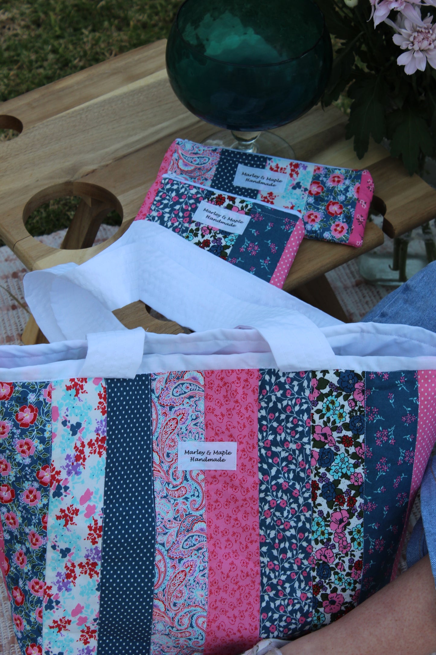 Tote Bag Blue, Pink & White Stripes with matching Wallet & Sunglass Case