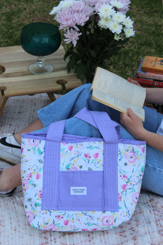 Tote Bag White Purple Floral