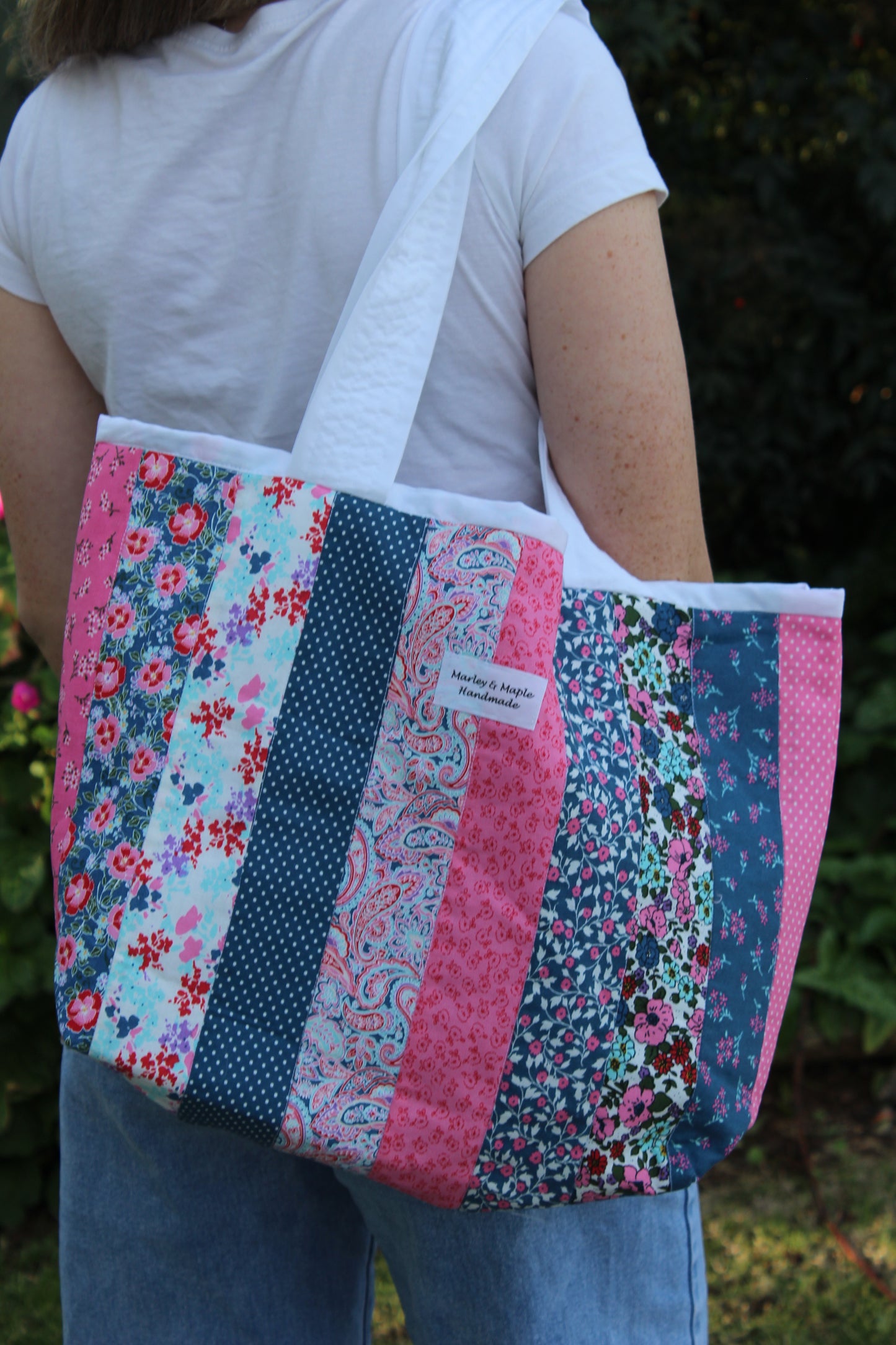 Tote Bag Blue, Pink & White Stripes with matching Wallet & Sunglass Case
