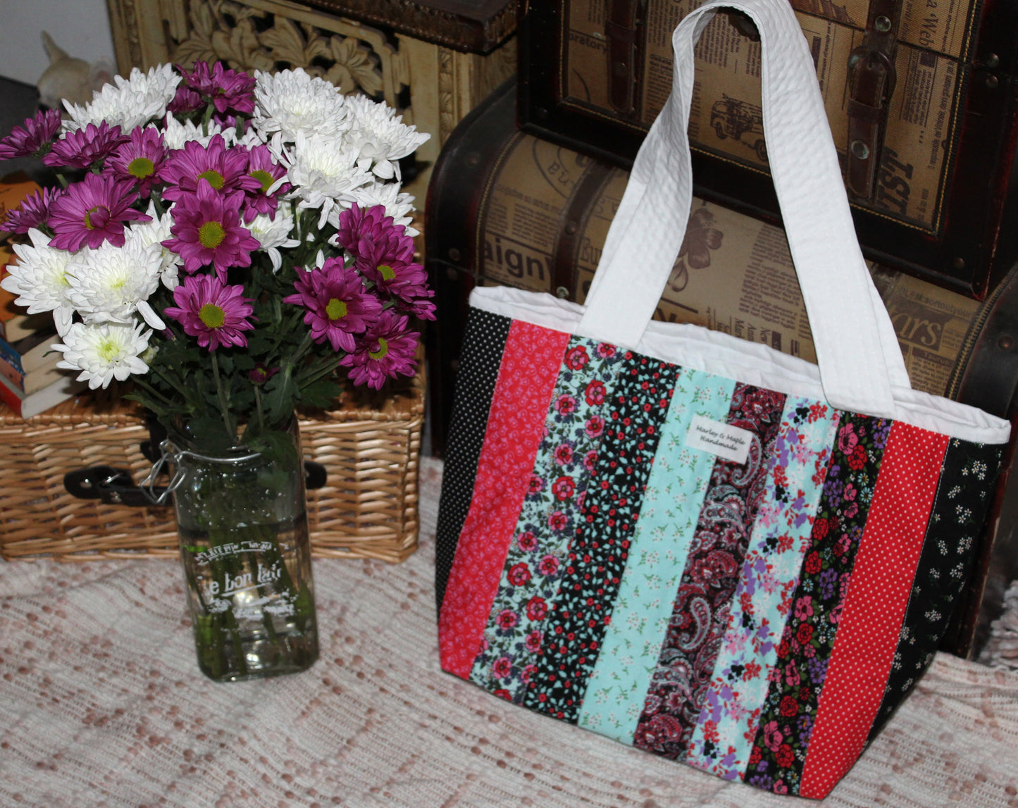 Tote Bag Black, Red & Blue Stripe