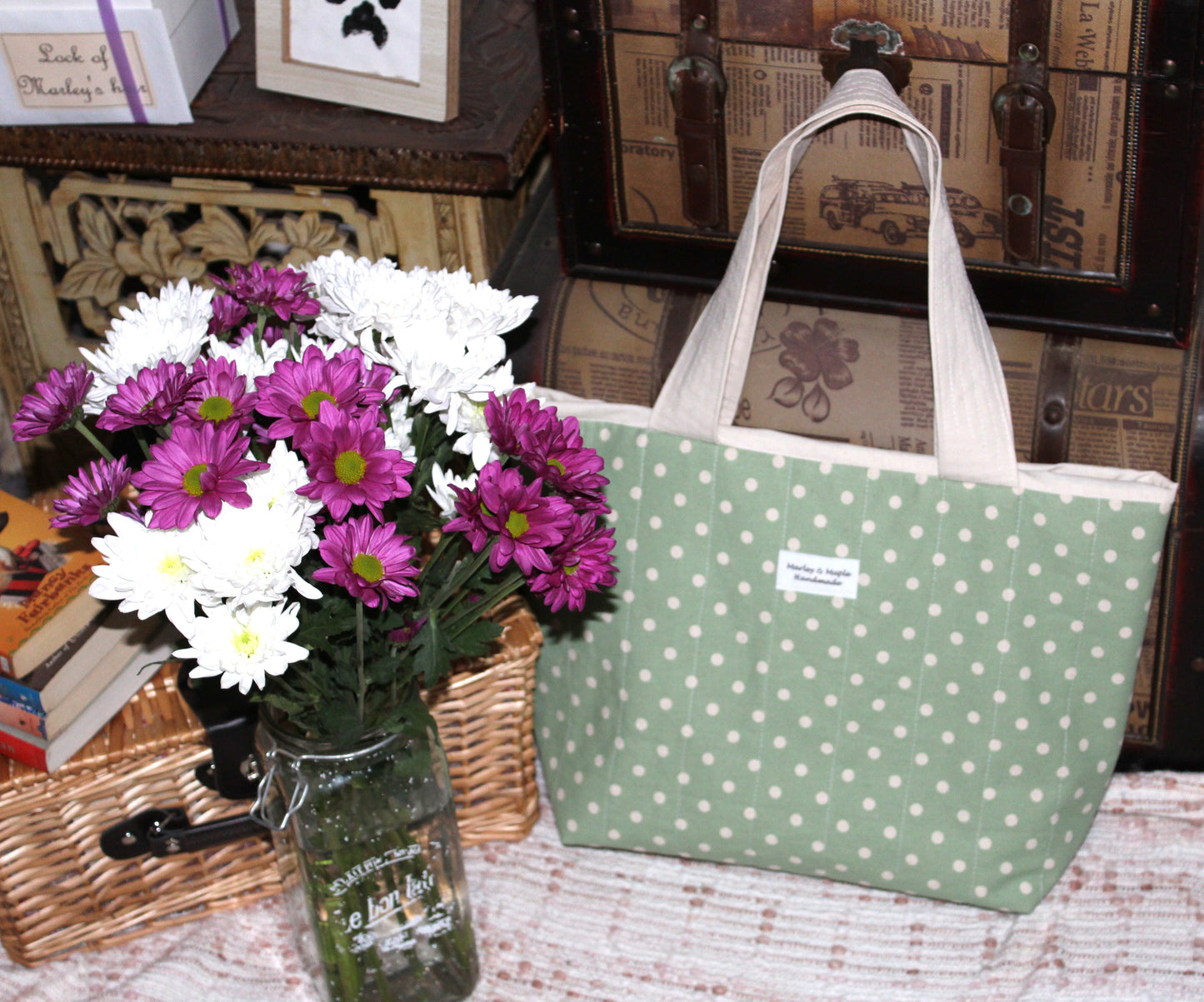 Tote Bag Green with Cream Spots
